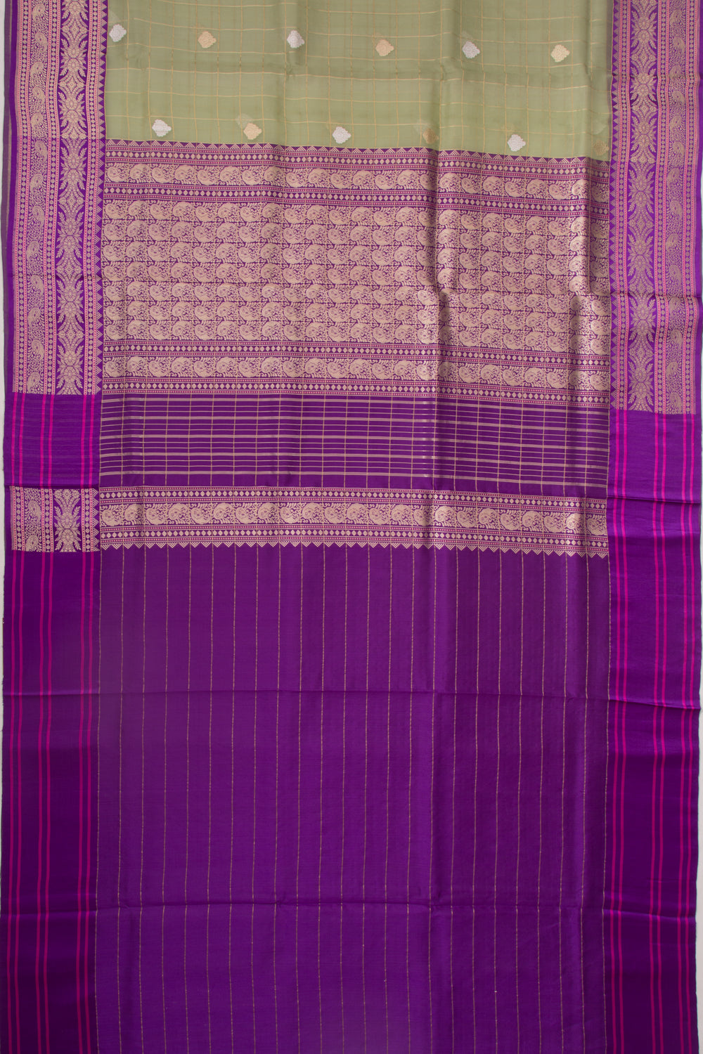 Banarasi Kora Organza Checks And Butta Pista Green Saree
