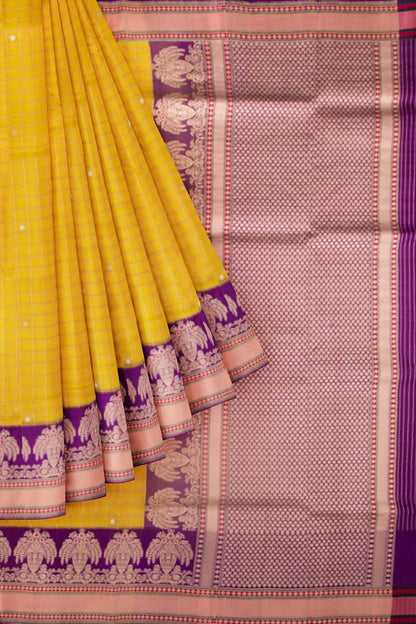 Banarasi Kora Organza Checks And Butta Yellow Saree