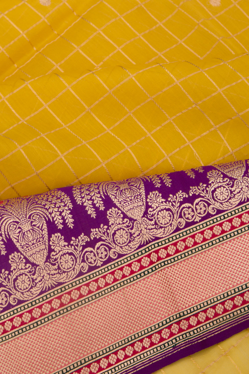 Banarasi Kora Organza Checks And Butta Yellow Saree