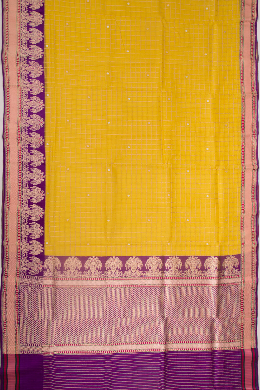 Banarasi Kora Organza Checks And Butta Yellow Saree