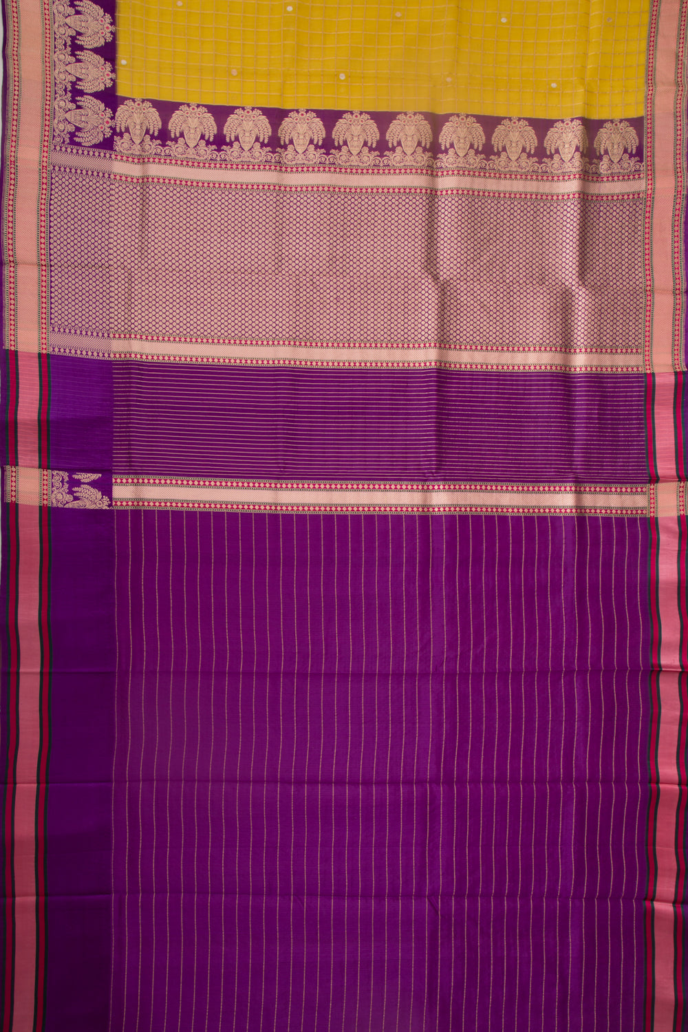 Banarasi Kora Organza Checks And Butta Yellow Saree