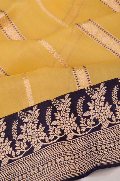 Banarasi Kora Organza Vertical Lines Yellow Saree