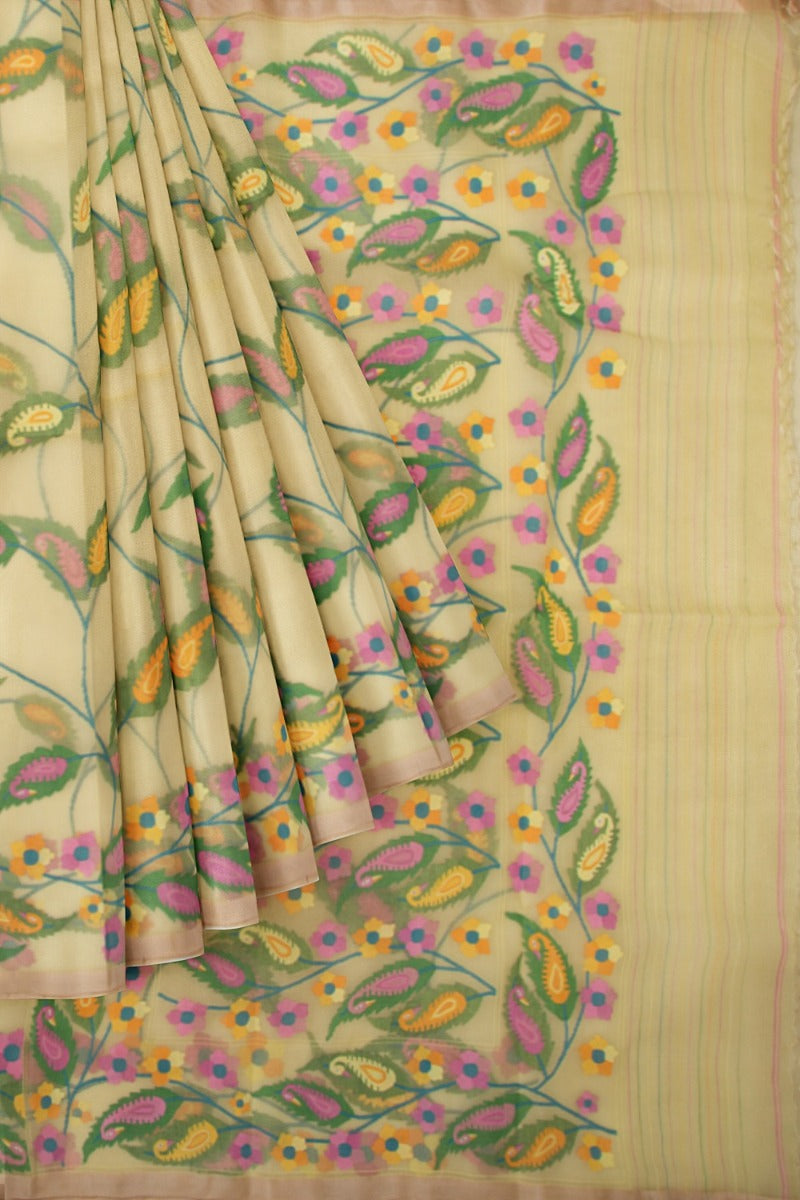 Dhakai Kora Organza Jamdani Lemon Yellow Saree
