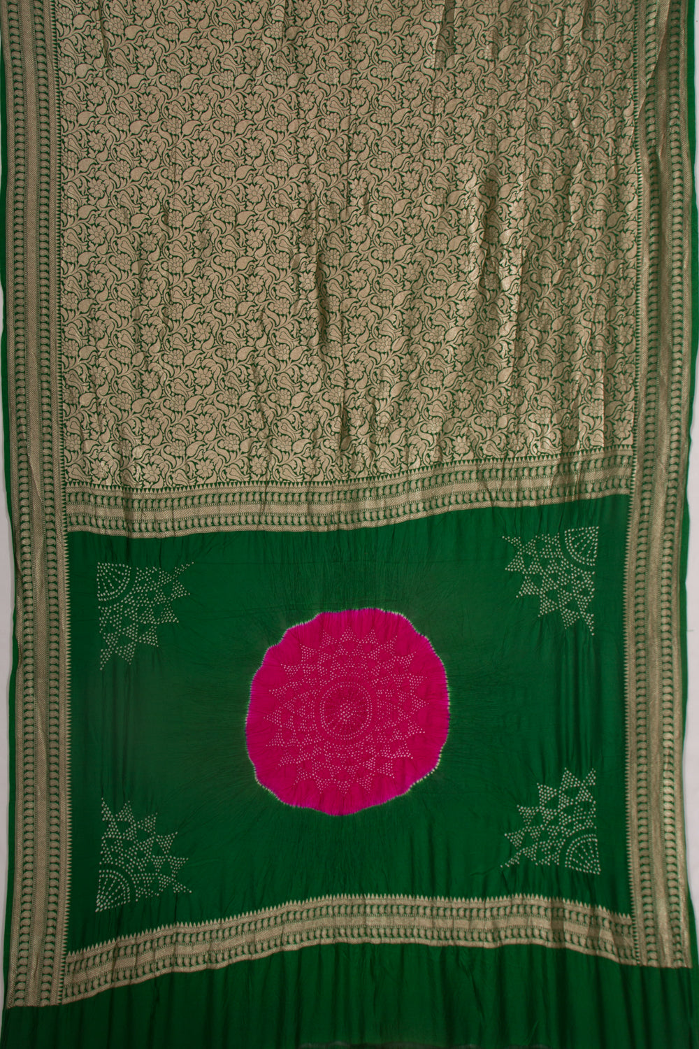 Baluchari Bandhani Mesh Work Green Saree