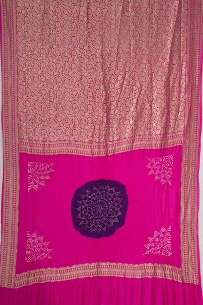 Baluchari Bandhani Mesh Work Pink Saree