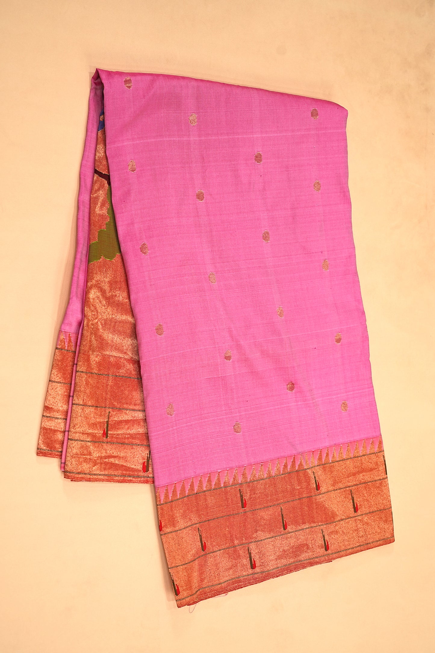 Paithani Silk Butta Pink Saree With Triple Muniya Motifs