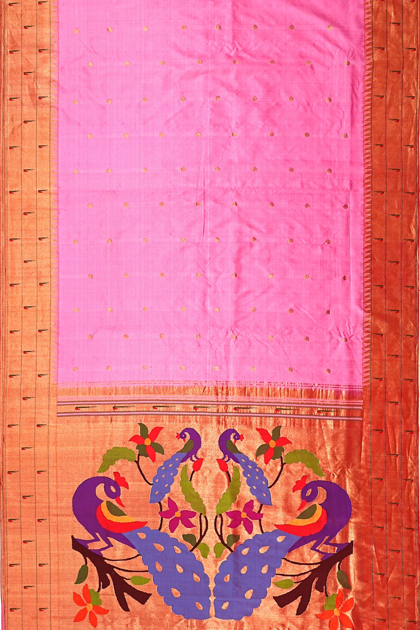 Paithani Silk Butta Pink Saree With Triple Muniya Motifs