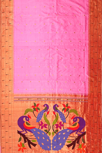 Paithani Silk Butta Pink Saree With Triple Muniya Motifs