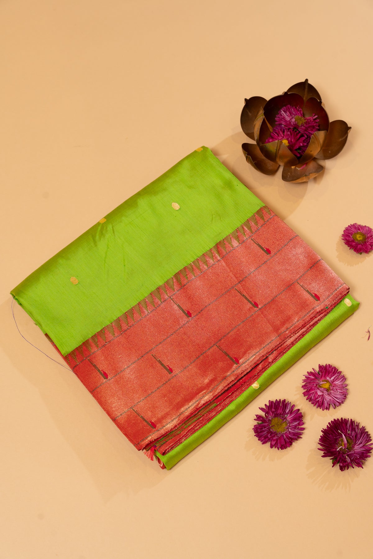 Paithani Silk Butta Green Saree With Triple Muniya Border