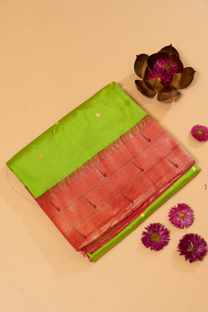 Paithani Silk Butta Green Saree With Triple Muniya Border