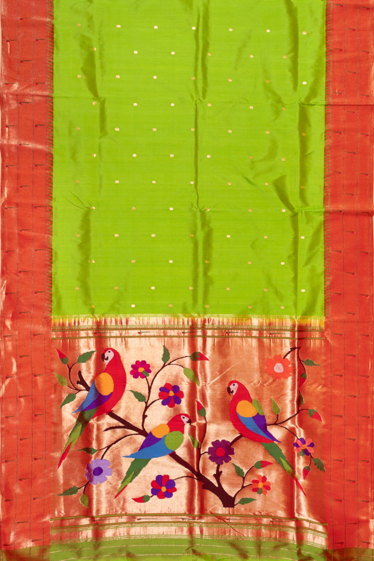Paithani Silk Butta Green Saree With Triple Muniya Border