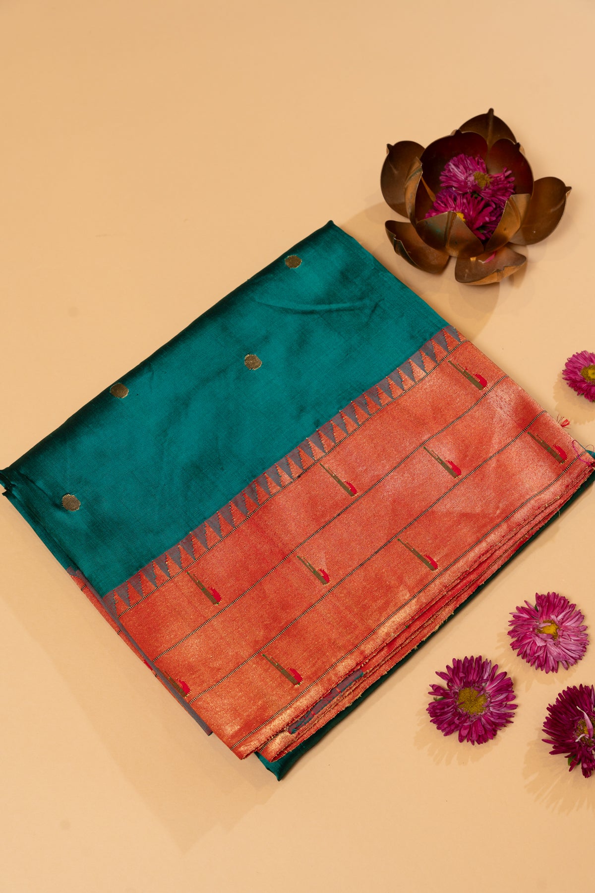 Paithani Silk Butta Teal Green Saree With Triple Muniya Border