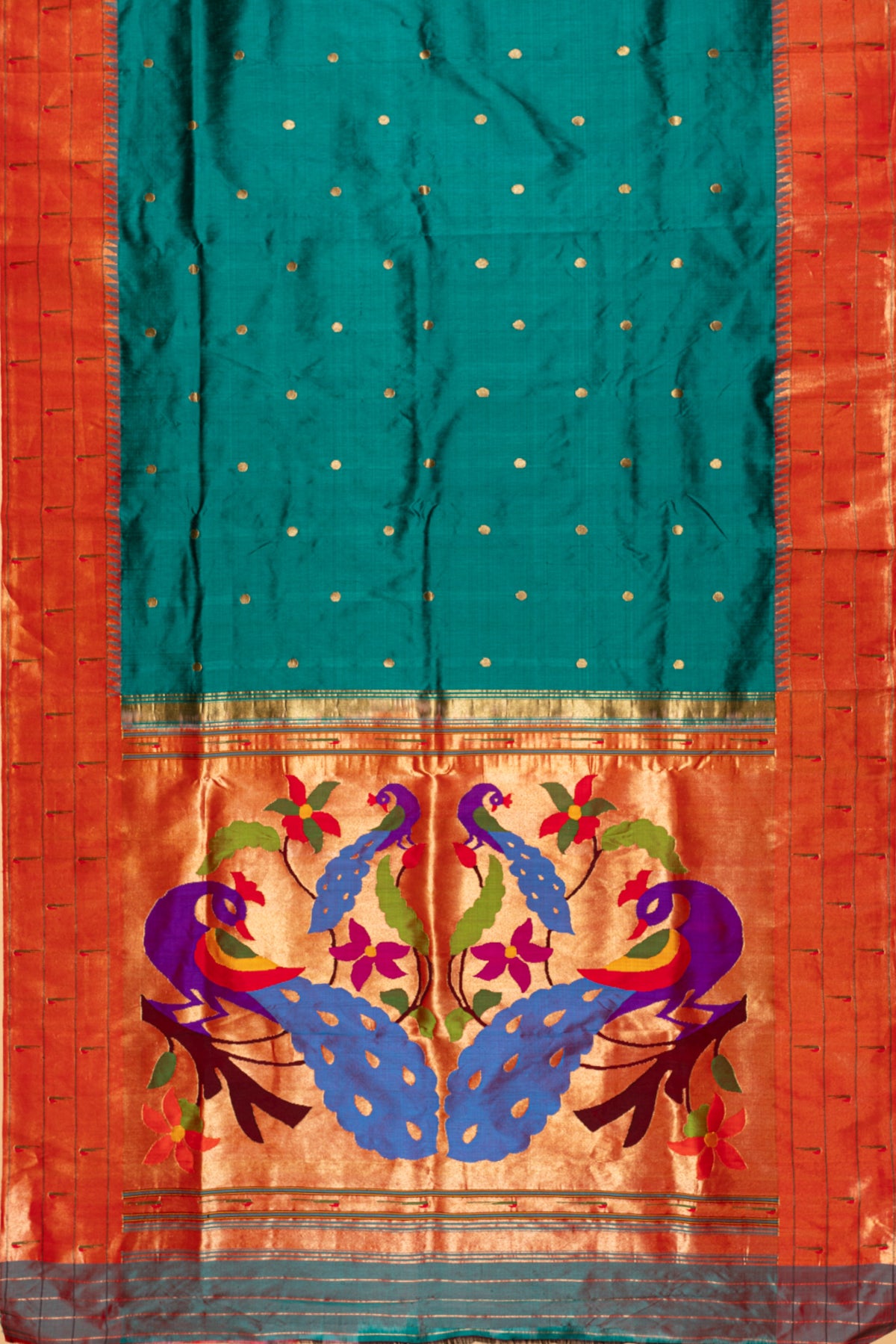 Paithani Silk Butta Teal Green Saree With Triple Muniya Border