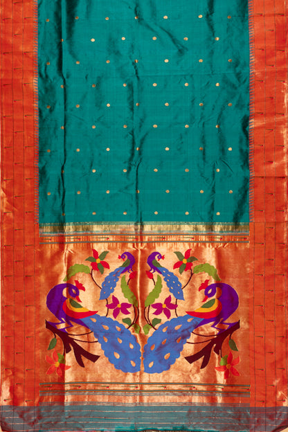 Paithani Silk Butta Teal Green Saree With Triple Muniya Border