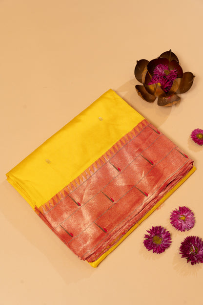 Paithani Silk Butta Yellow Saree With Triple Muniya Border