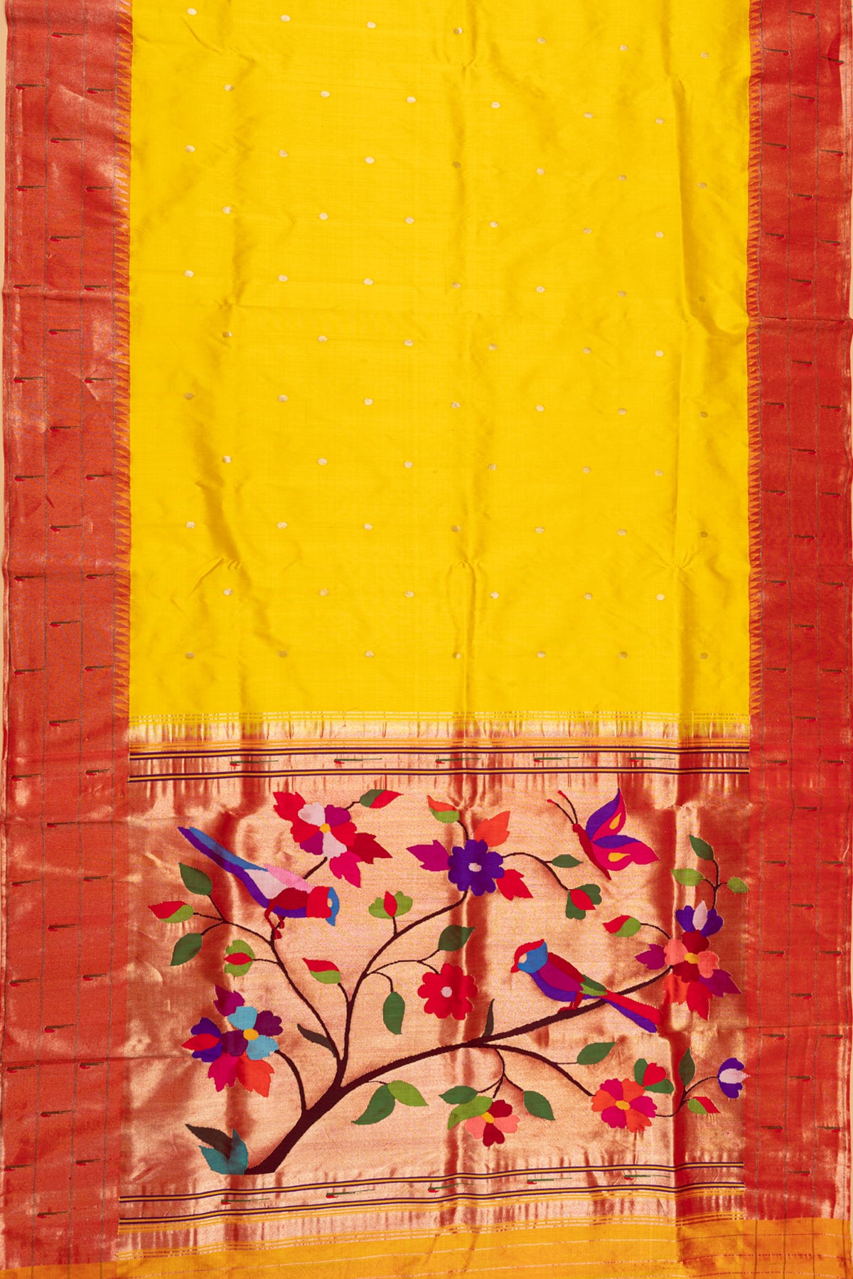Paithani Silk Butta Yellow Saree With Triple Muniya Border