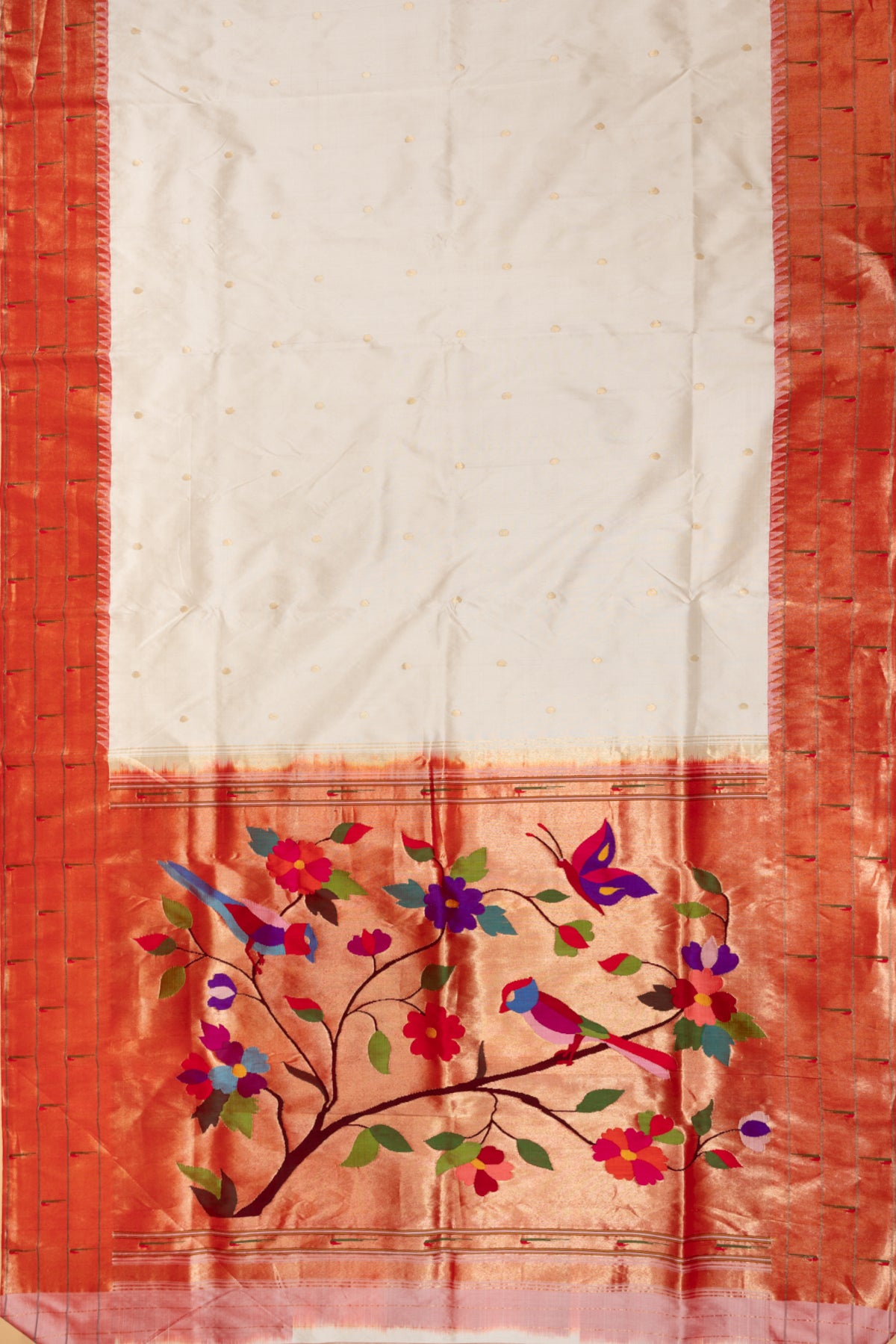 Paithani Silk Butta Off White Saree With Triple Muniya Border