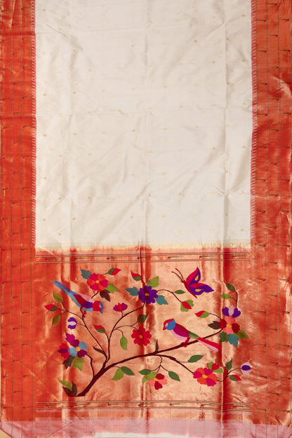 Paithani Silk Butta Off White Saree With Triple Muniya Border