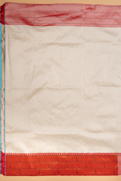 Paithani Silk Butta Off White Saree With Triple Muniya Border