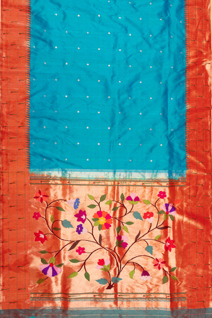 Paithani Silk Butta Sky Blue Saree With Triple Muniya Border