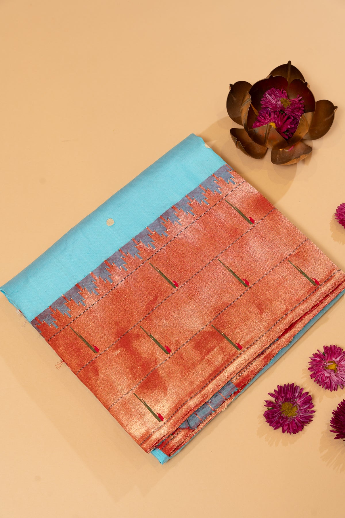 Paithani Silk Butta Sky Blue Saree With Triple Muniya Border