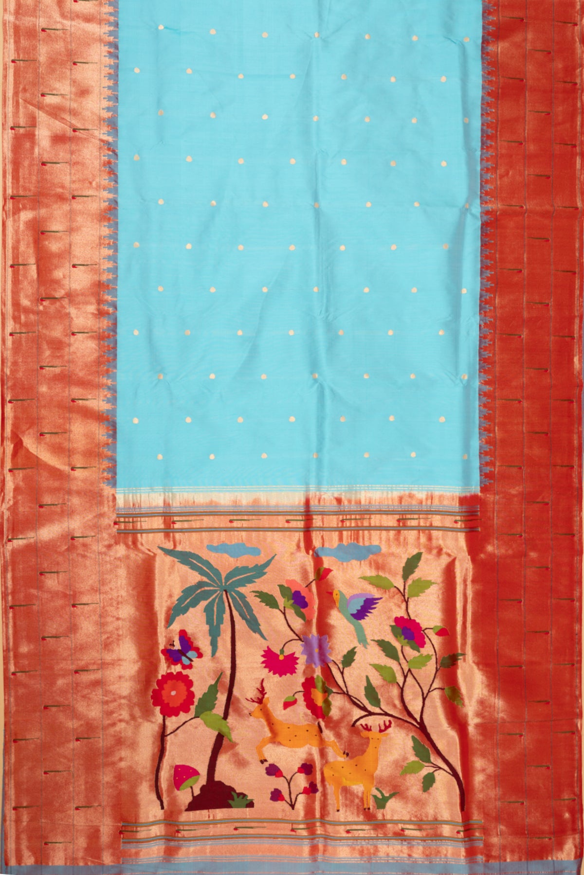 Paithani Silk Butta Sky Blue Saree With Triple Muniya Border