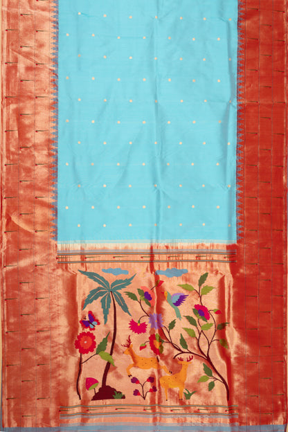 Paithani Silk Butta Sky Blue Saree With Triple Muniya Border
