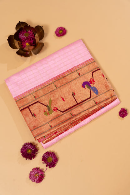 Paithani Silk Checks Baby Pink Saree With Akruthi Border