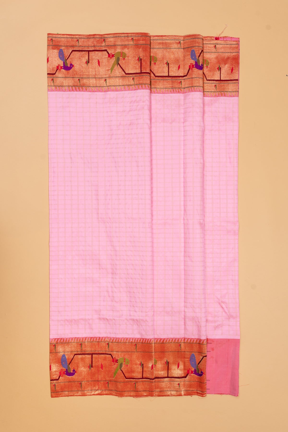 Paithani Silk Checks Baby Pink Saree With Akruthi Border