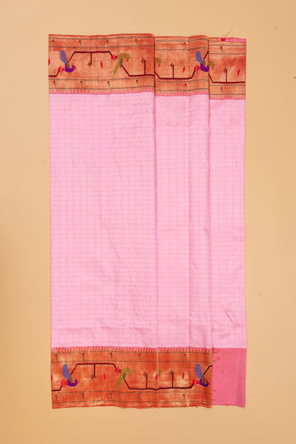 Paithani Silk Checks Baby Pink Saree With Akruthi Border