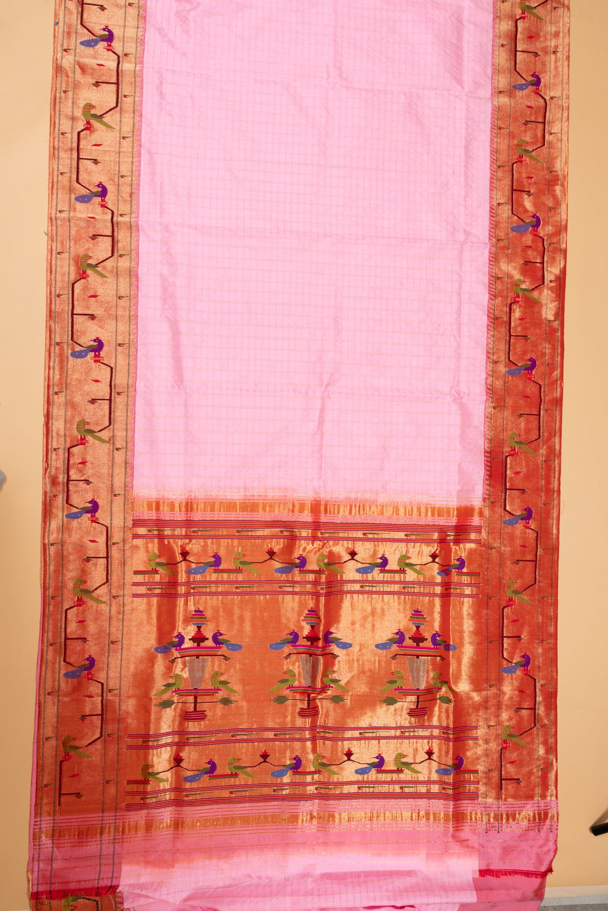 Paithani Silk Checks Baby Pink Saree With Akruthi Border