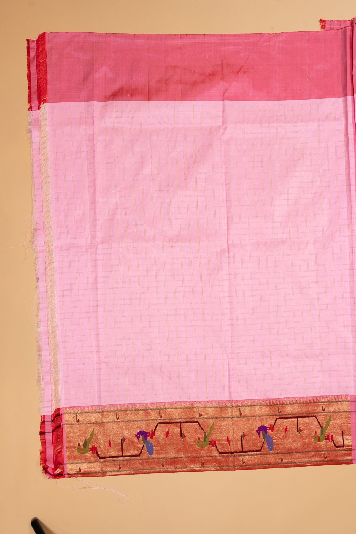 Paithani Silk Checks Baby Pink Saree With Akruthi Border