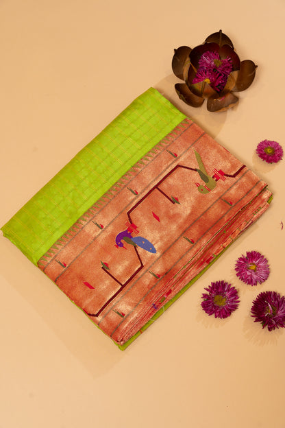 Paithani Silk Checks Green Saree With Akruthi Border