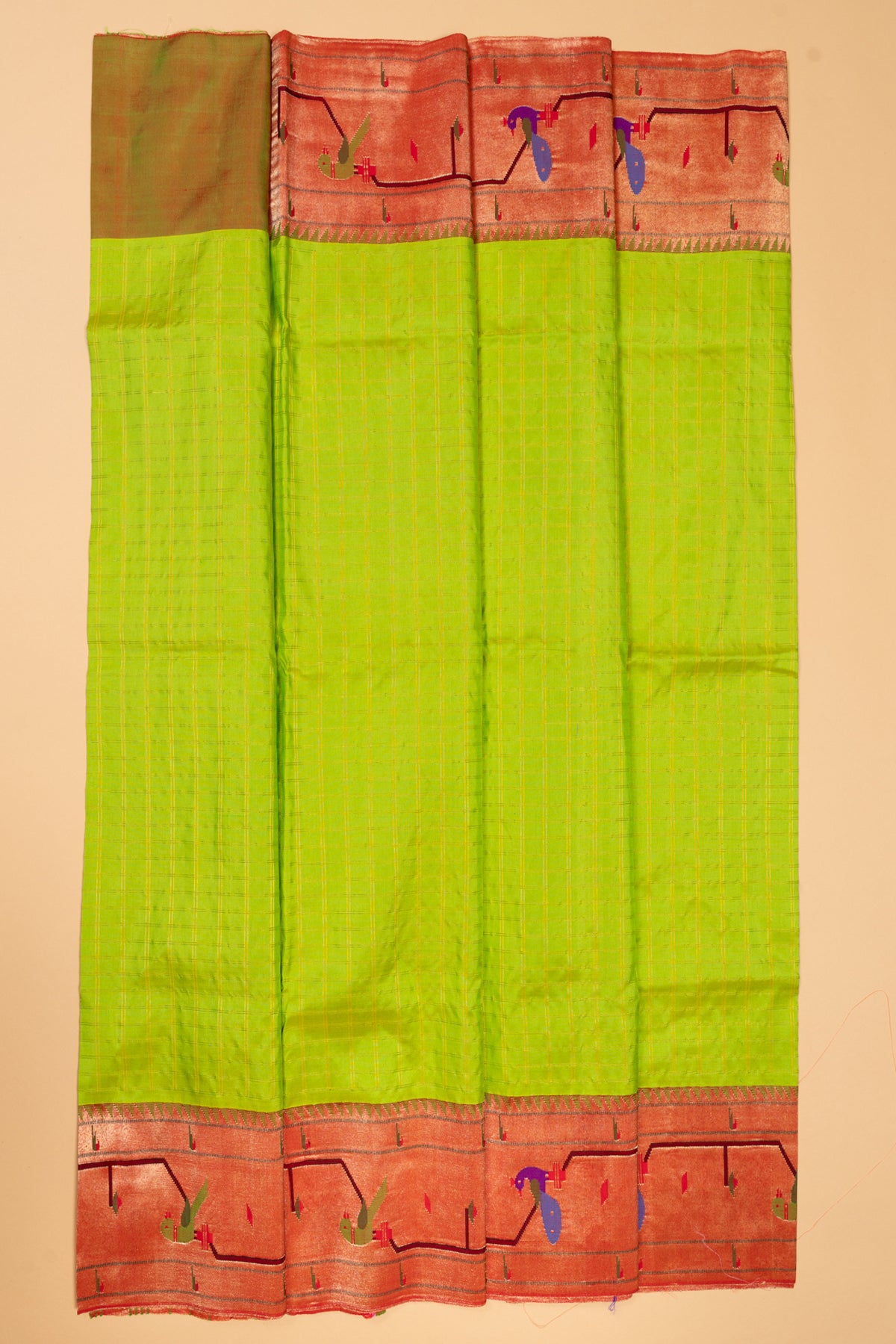 Paithani Silk Checks Green Saree With Akruthi Border