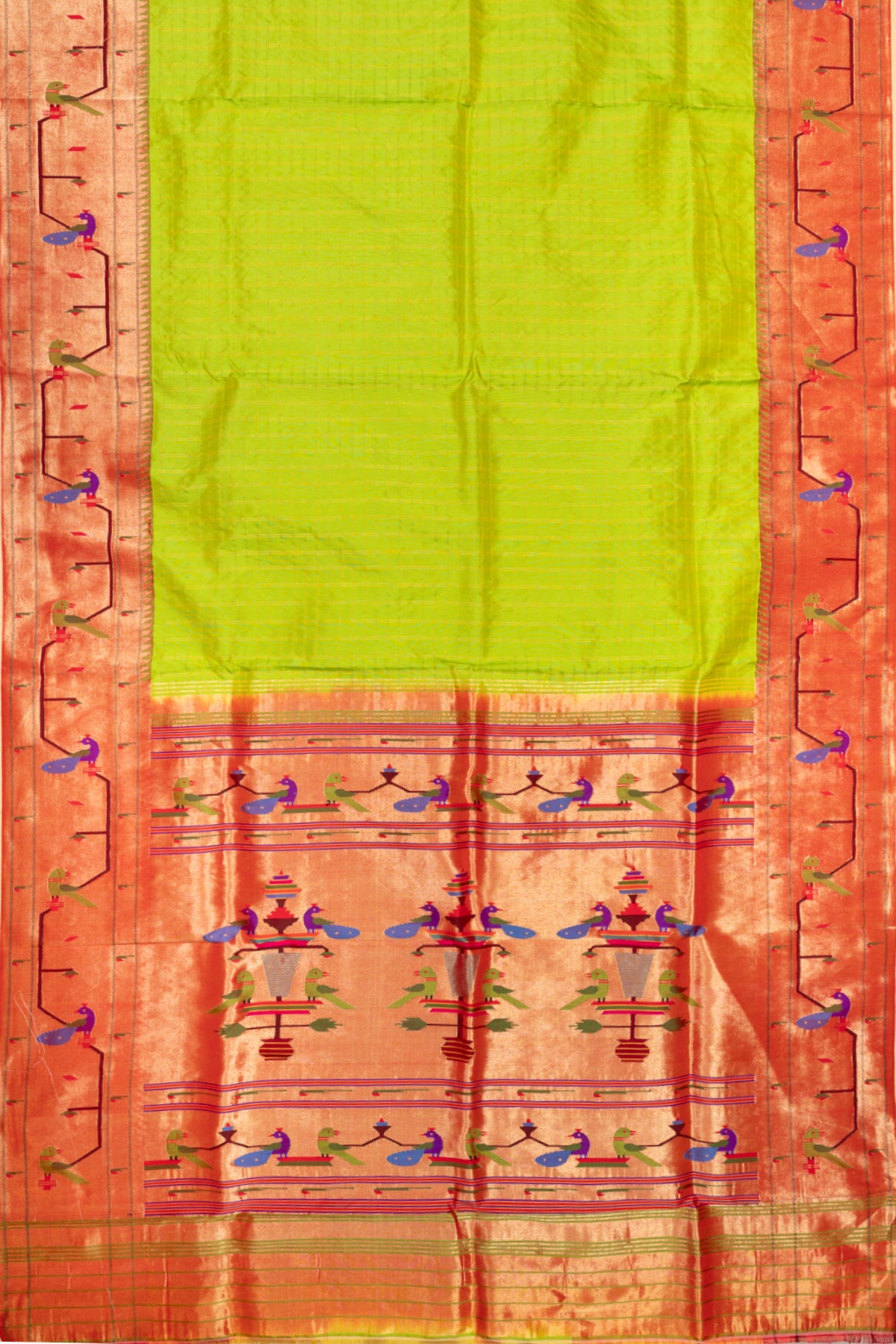 Paithani Silk Checks Green Saree With Akruthi Border