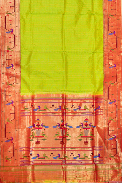 Paithani Silk Checks Green Saree With Akruthi Border