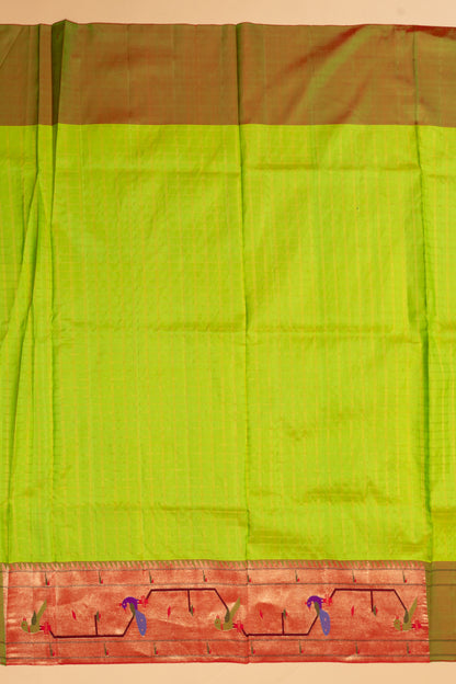 Paithani Silk Checks Green Saree With Akruthi Border