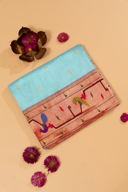 Paithani Silk Butta Sky Blue Saree With Akruthi Border