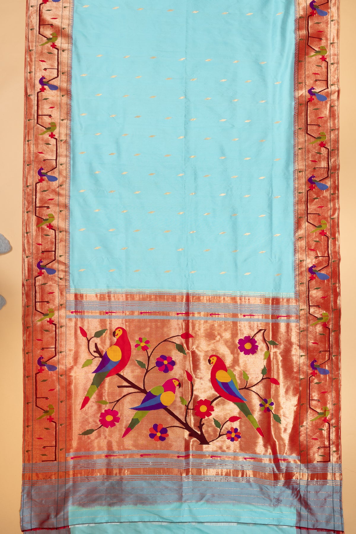 Paithani Silk Butta Sky Blue Saree With Akruthi Border