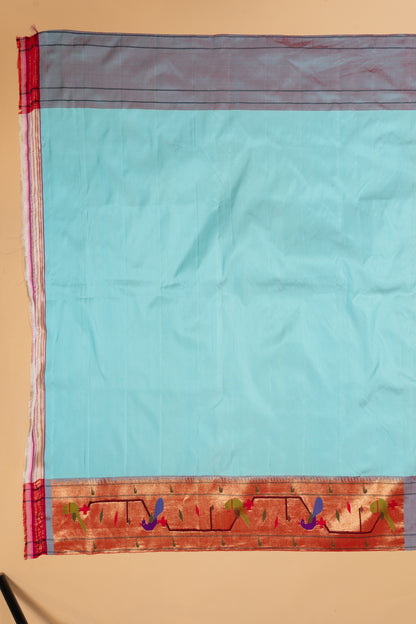 Paithani Silk Butta Sky Blue Saree With Akruthi Border
