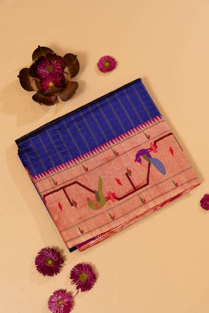 Paithani Silk Checks Dark Blue Saree With Akruthi Border