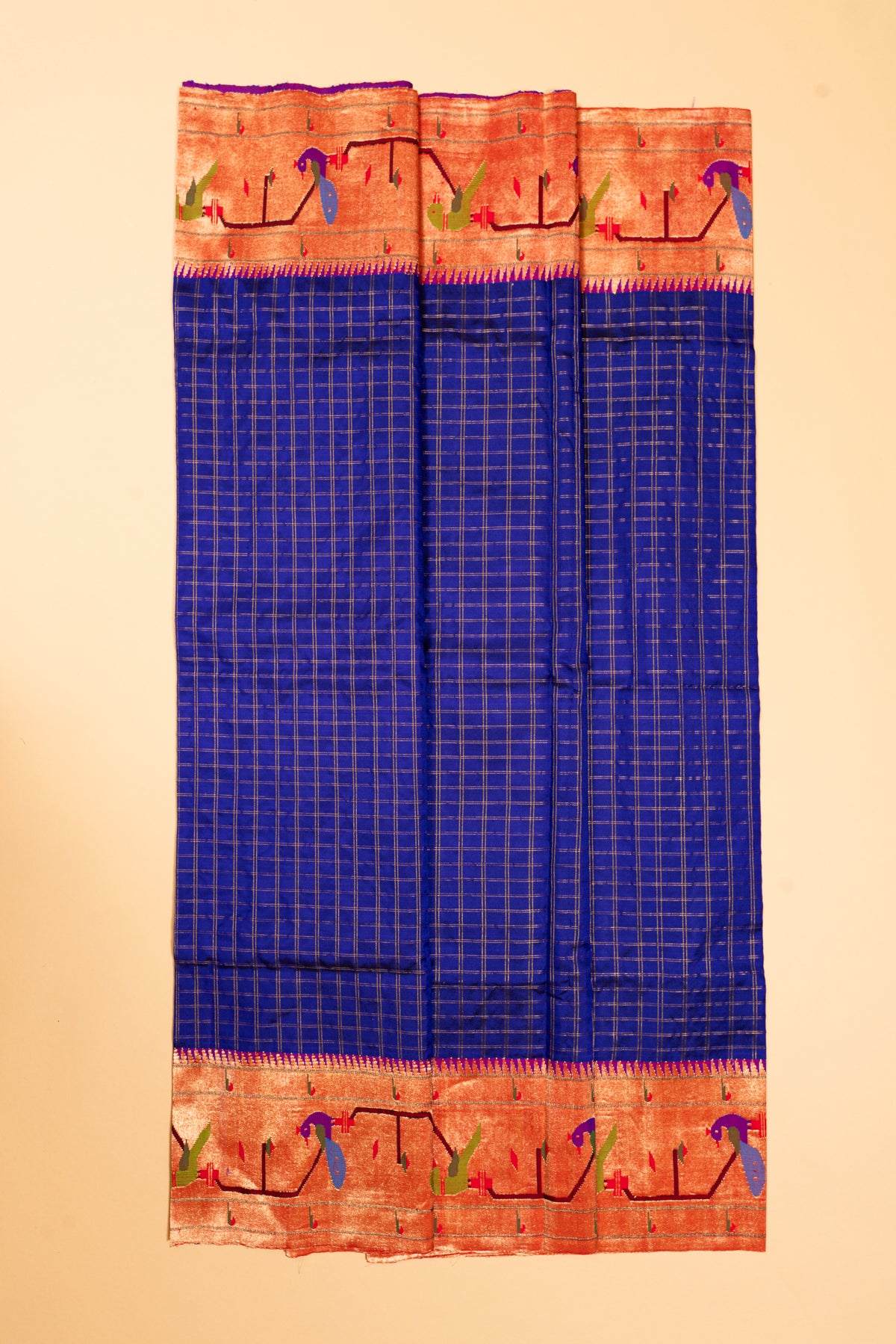 Paithani Silk Checks Dark Blue Saree With Akruthi Border