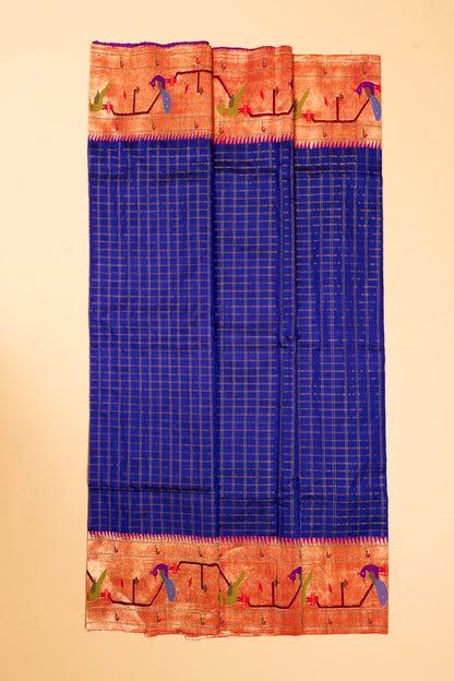 Paithani Silk Checks Dark Blue Saree With Akruthi Border
