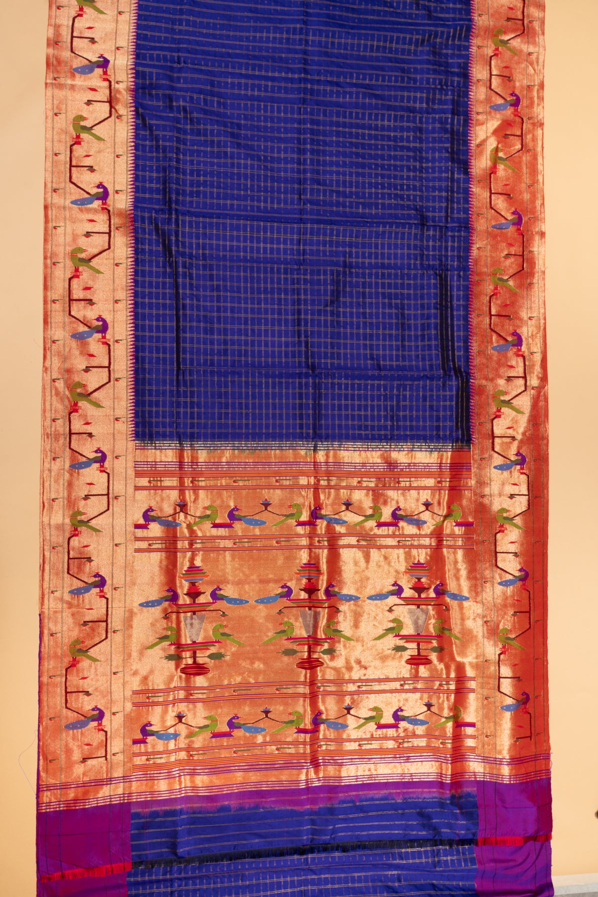 Paithani Silk Checks Dark Blue Saree With Akruthi Border