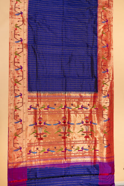 Paithani Silk Checks Dark Blue Saree With Akruthi Border