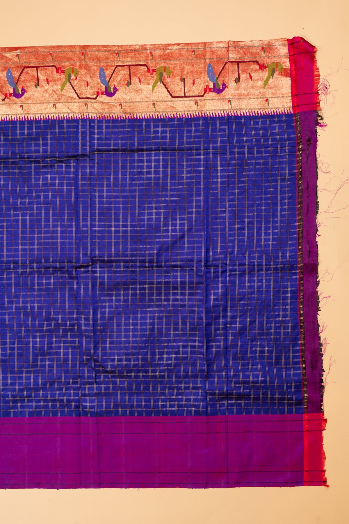 Paithani Silk Checks Dark Blue Saree With Akruthi Border