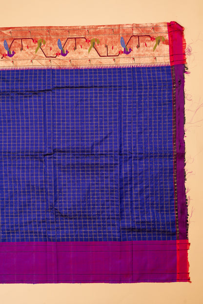 Paithani Silk Checks Dark Blue Saree With Akruthi Border