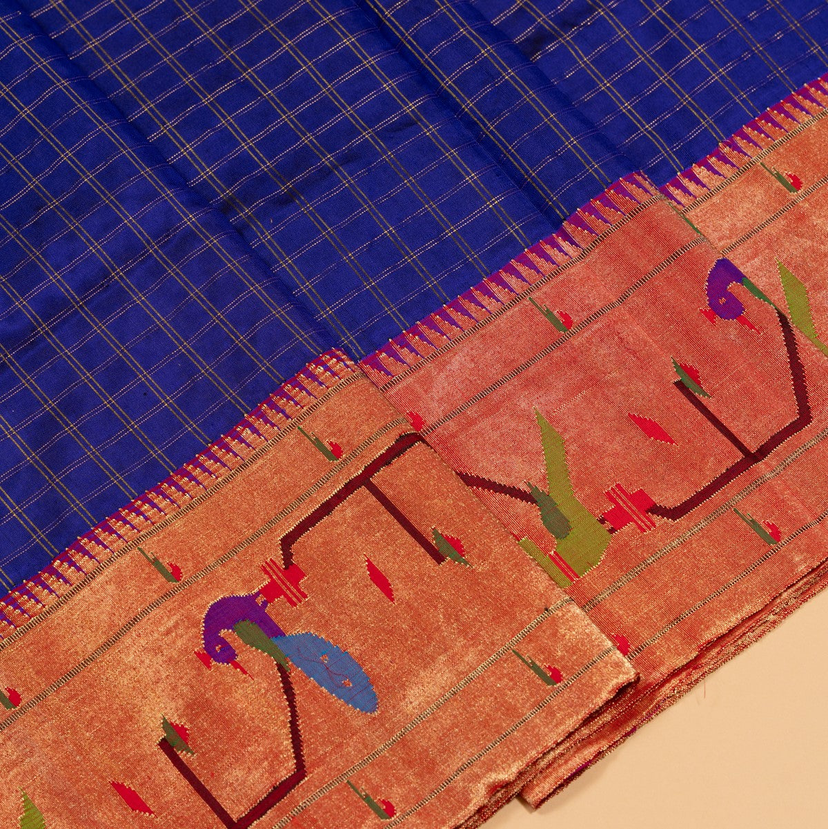 Paithani Silk Checks Dark Blue Saree With Akruthi Border
