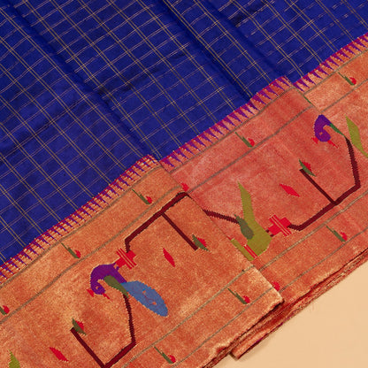 Paithani Silk Checks Dark Blue Saree With Akruthi Border