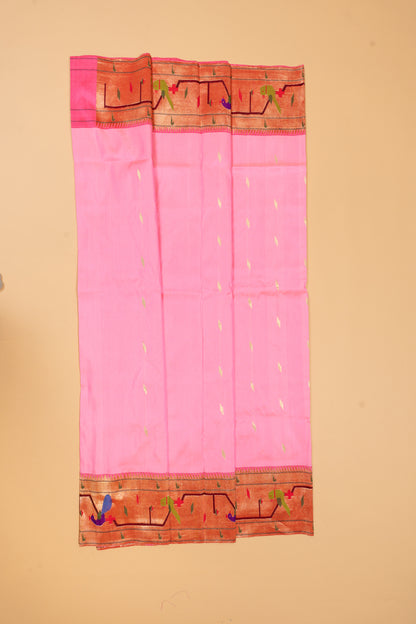 Paithani Silk Butta Baby Pink Saree With Akruthi Border
